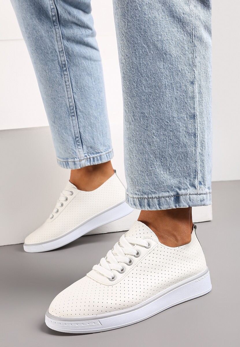 Beżowo-Szare Sznurowane Tenisówki z Ozdobną Taśmą na Tyle i Perforacją Kavinna