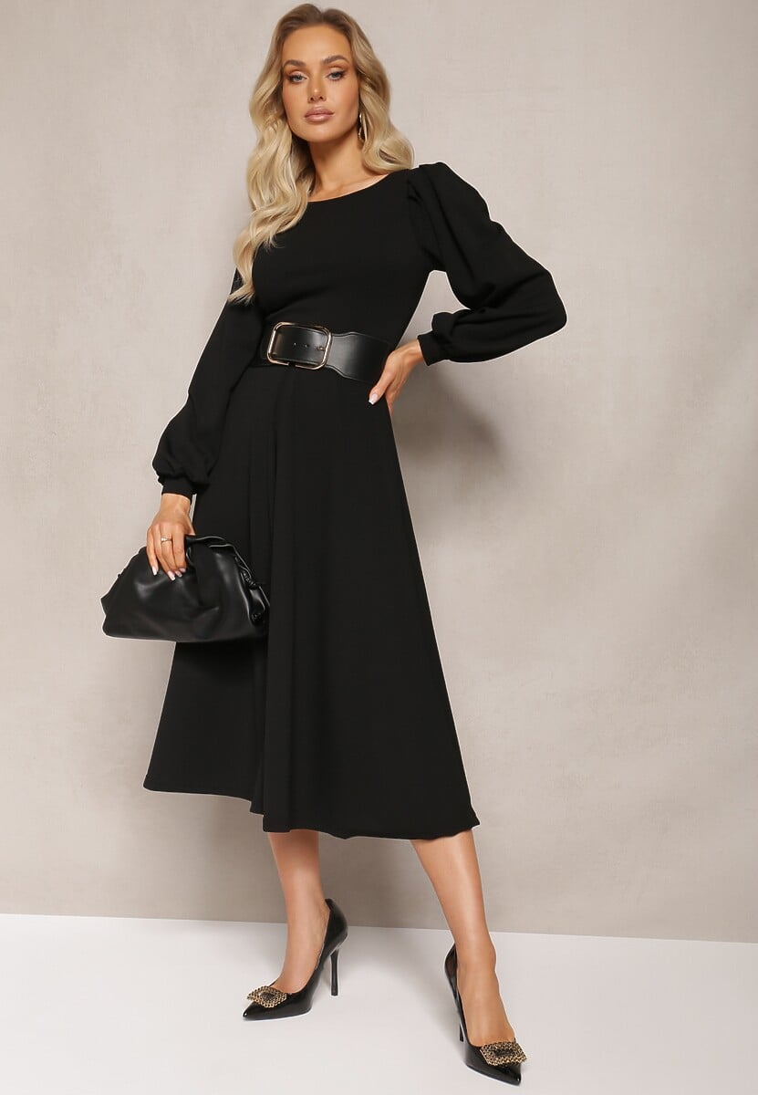 Czarna Sukienka Midi o Rozkloszowanym Fasonie z Bufiastymi Rękawami Amatya