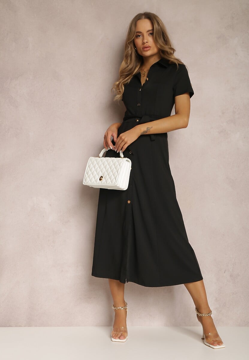 Czarna Sukienka Koszulowa z Wiązanym Paskiem Asheila