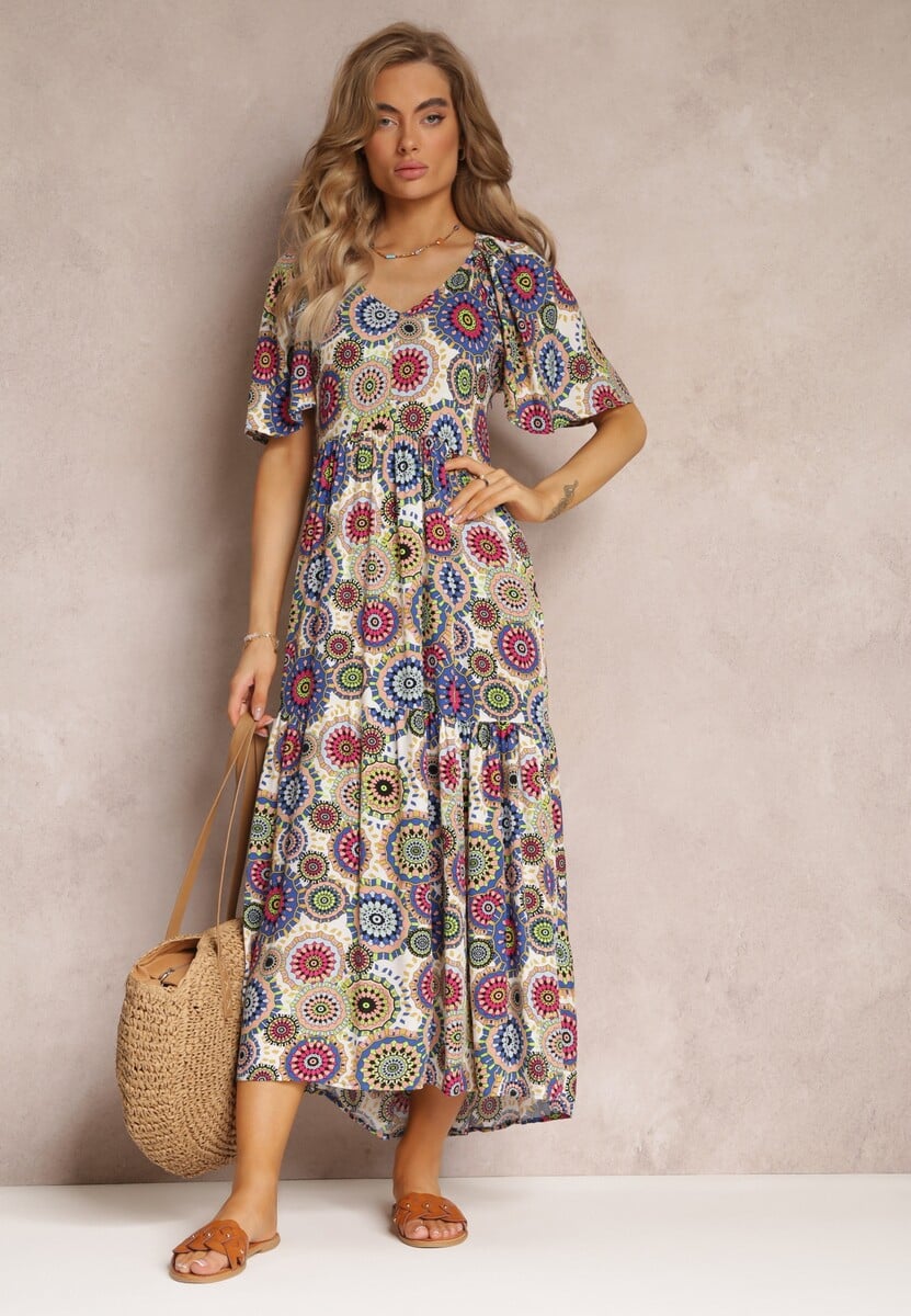 Biało-Granatowa Wiskozowa Sukienka Maxi w Kwiaty z Rozkloszowanym Dołem i Falbanką Pathna