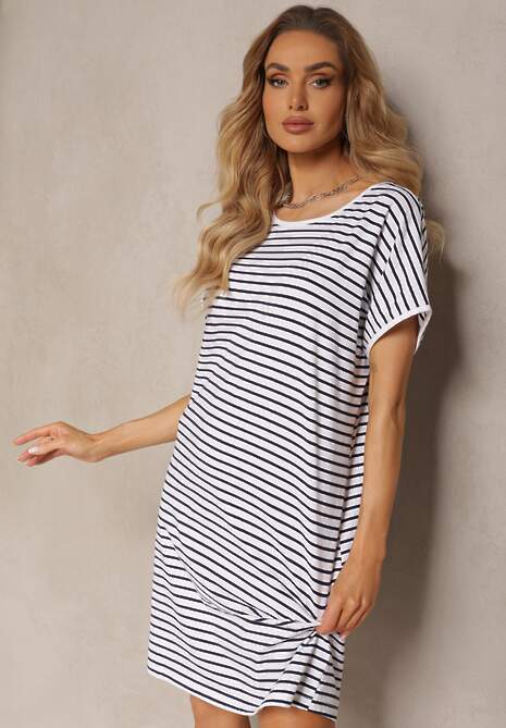 Biało-Granatowa  Sukienka w Paski z Bawełny o Prostym Kroju z Wycięciem na Plecach z Ozdobnymi Paskami Birosa