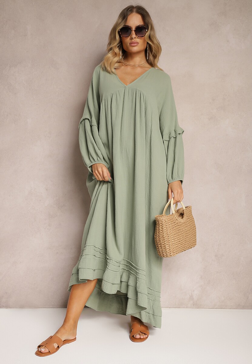 Ciemnozielona Muślinowa Trapezowa Sukienka z Bawełny Wykończona Falbaną i Ozdobnymi Rękawami Tanisea