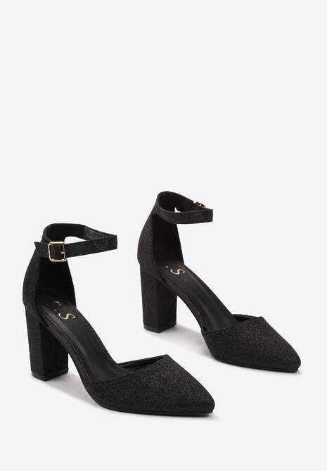 Czarne Czółenka z Brokatowej Ekoskóry na Słupku Tirella