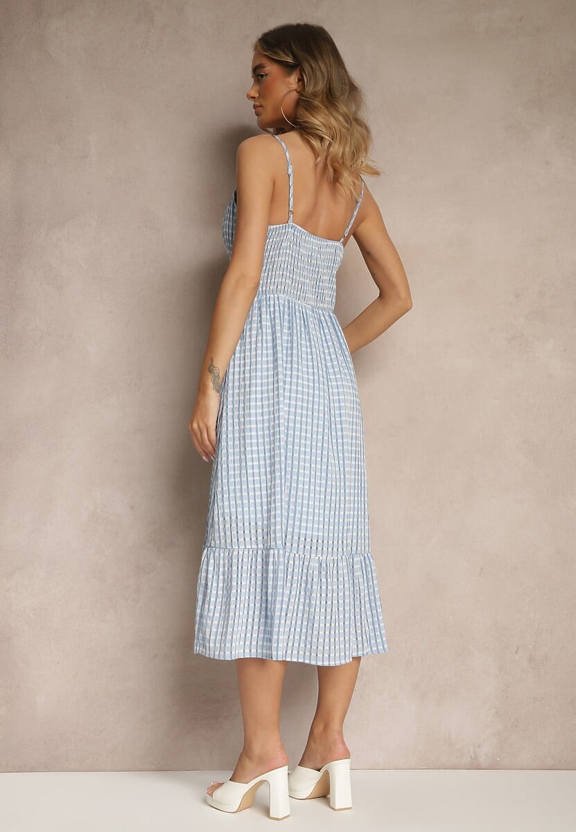 Niebieska Rozkloszowana Sukienka z Wiskozą na Cienkich Ramiączkach z Guzikami Efrisela