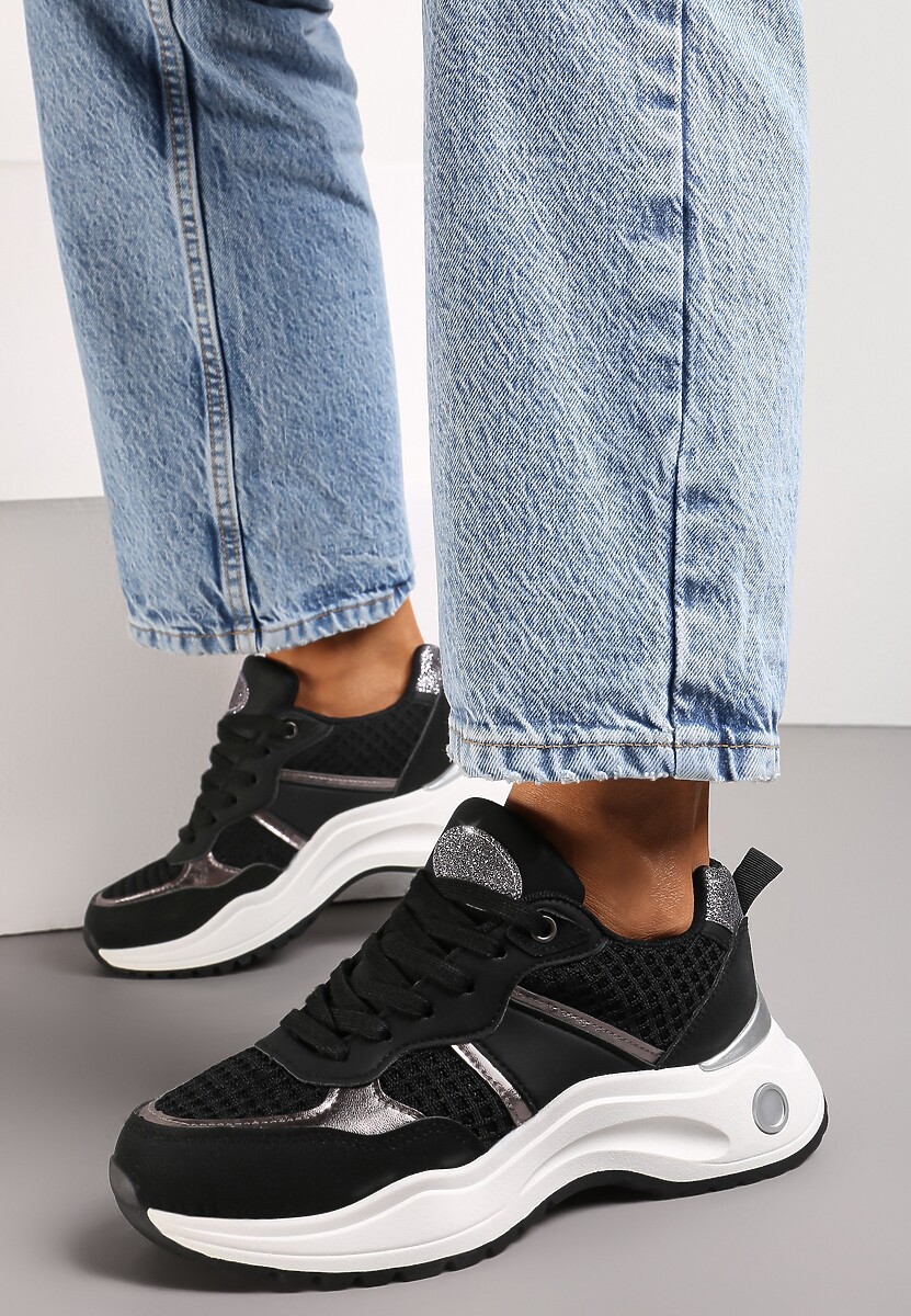 Czarne Sneakersy z Tłoczonego Materiału z Brokatowymi i Metalicznymi Wstawkami Thermia