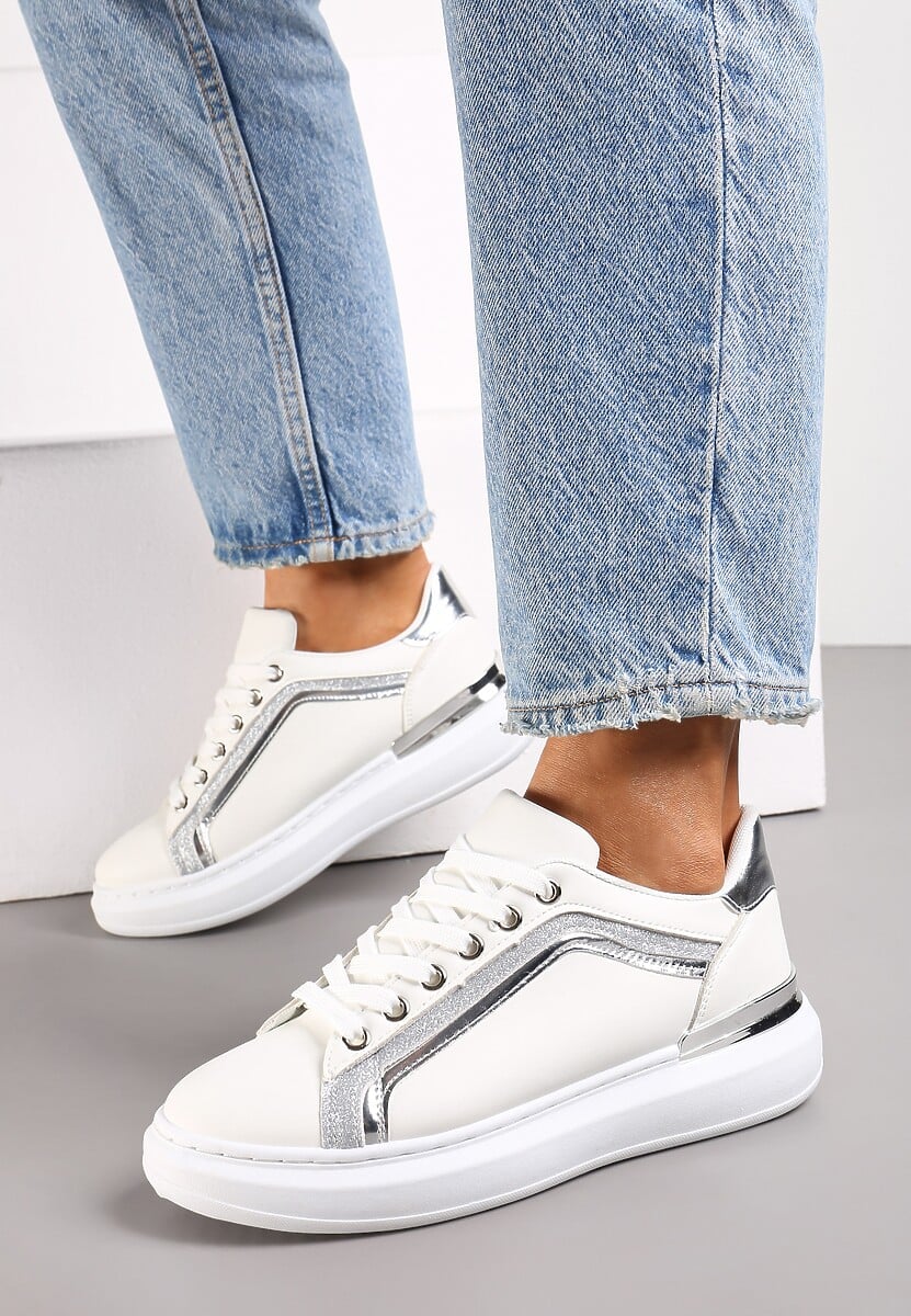 Białe Sneakersy na Grubej Podeszwie z Brokatem Veneli