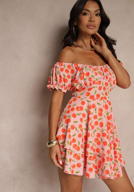 Różowa Sukienka Rozkloszowana z Bawełną w Wisienki Lunasella