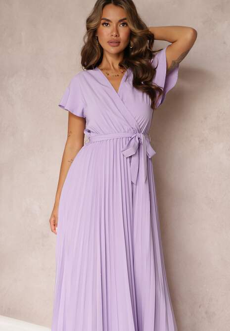 Fioletowa Koktajlowa Maxi Sukienka Ozdobiona Plisami z Trójkątnym Dekoltem i Wiązaniem w Talii Phoelia