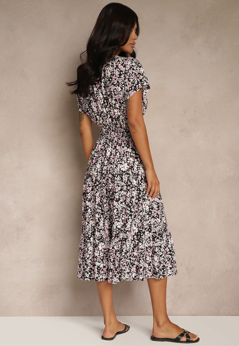 Czarna Bawełniana Sukienka z Guzikami Przy Dekolcie i Gumką w Pasie Grasita