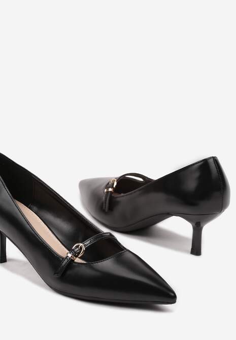 Czarne Czółenka Kaczuszki Wykończone Ozdobnym Paskiem z Klamrą Merilorae