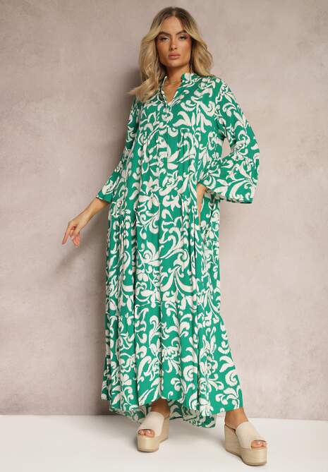 Zielona Rozkloszowana Sukienka z Wiskozy w Ornamentalny Wzór Irlilena