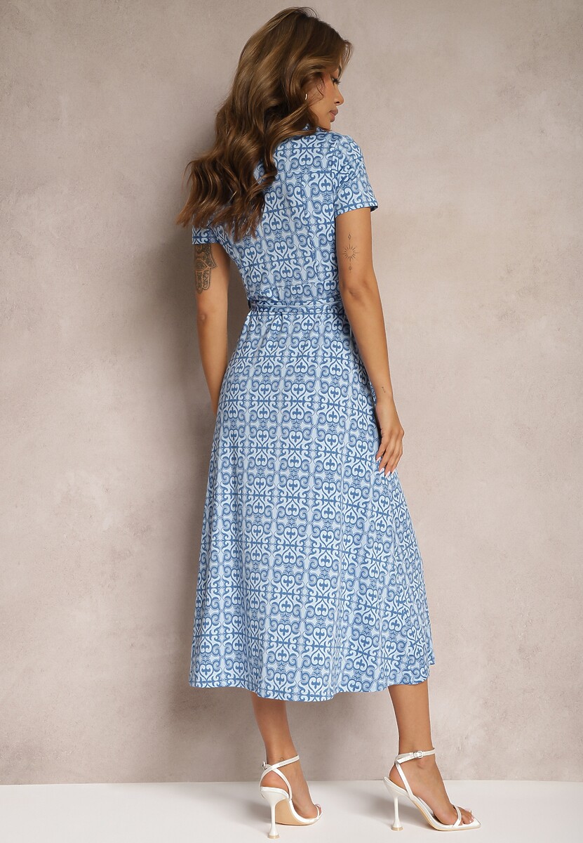 Niebieska Rozkloszowana Sukienka o Koszulowym Kroju z Guzikami i Materiałowym Paskiem w Talii Lranea