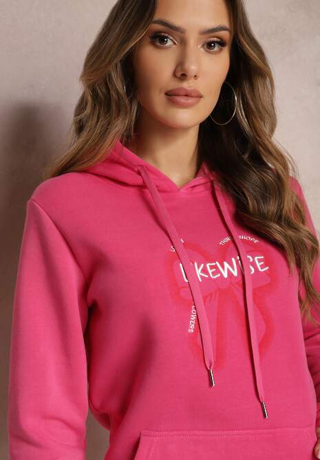 Różowa Bluza Wykończona Polarem z Nadrukiem i Kapturem Nimba