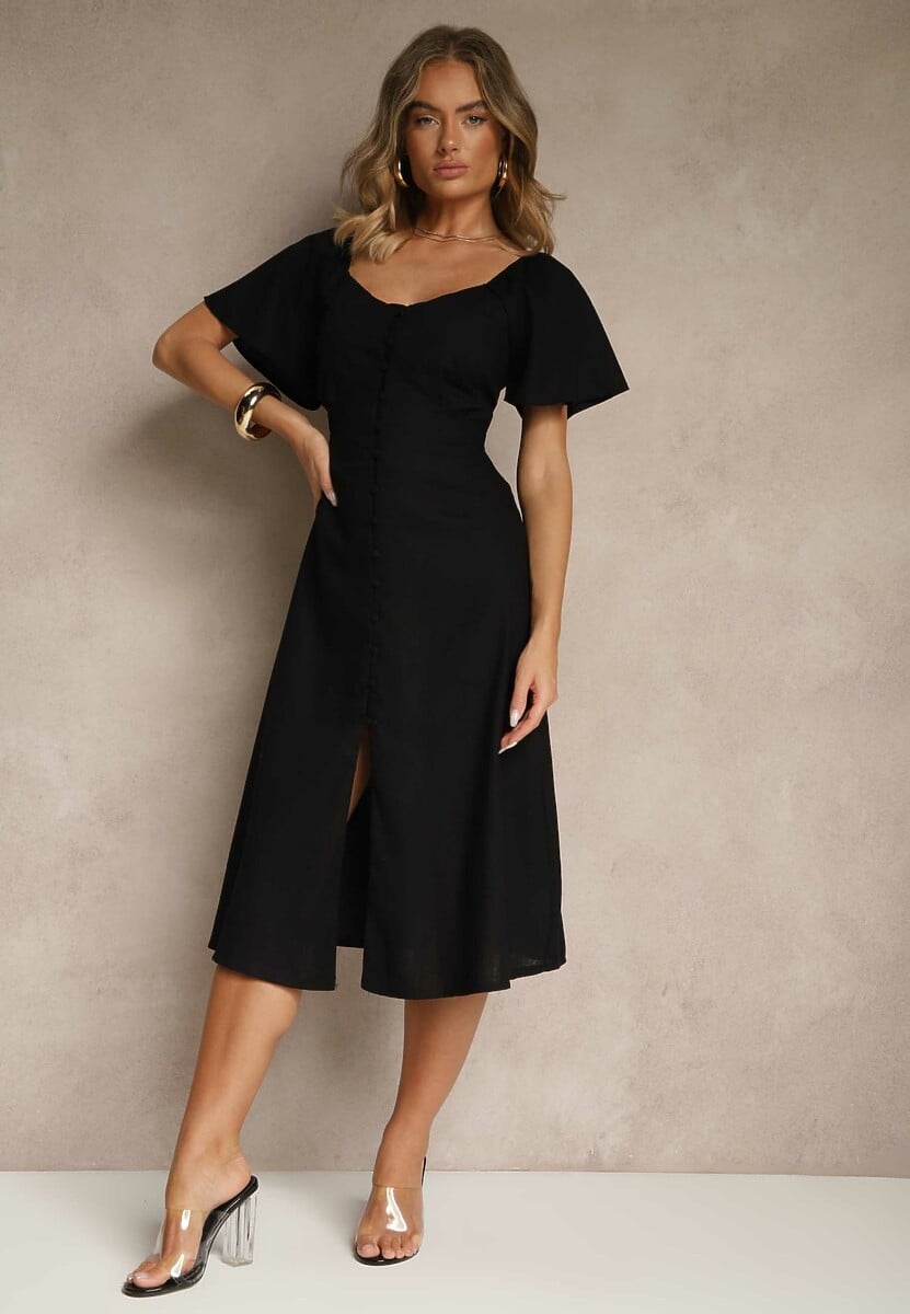 Czarna Bawełniana Sukienka z Wiązaniem i Guzikami Kolarissa