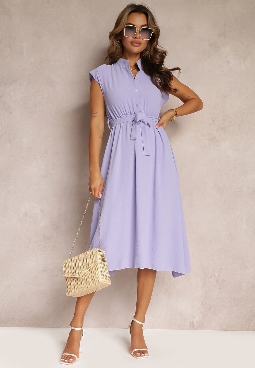 Fioletowa Sukienka Midi z Guzikami i Materiałowym Paskiem Nylalik