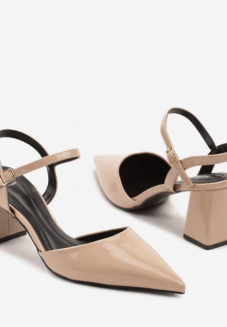 Beżowe Sandały Lakierowane na Geometrycznym Słupku Sopelisse