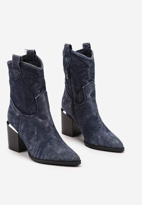 Granatowe Botki Typu Kowbojki na Słupku z Przeszywanymi Detalami Laorielle