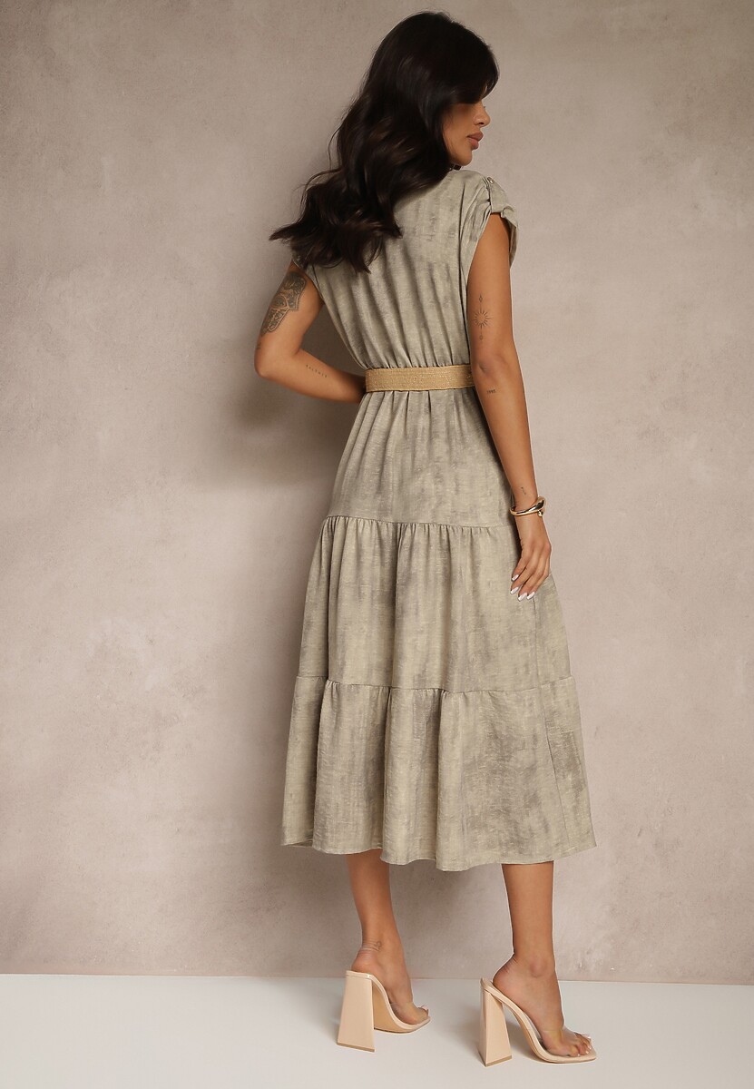 Beżowa Sukienka z Guzikami i Paskiem z Plecionki Fillona