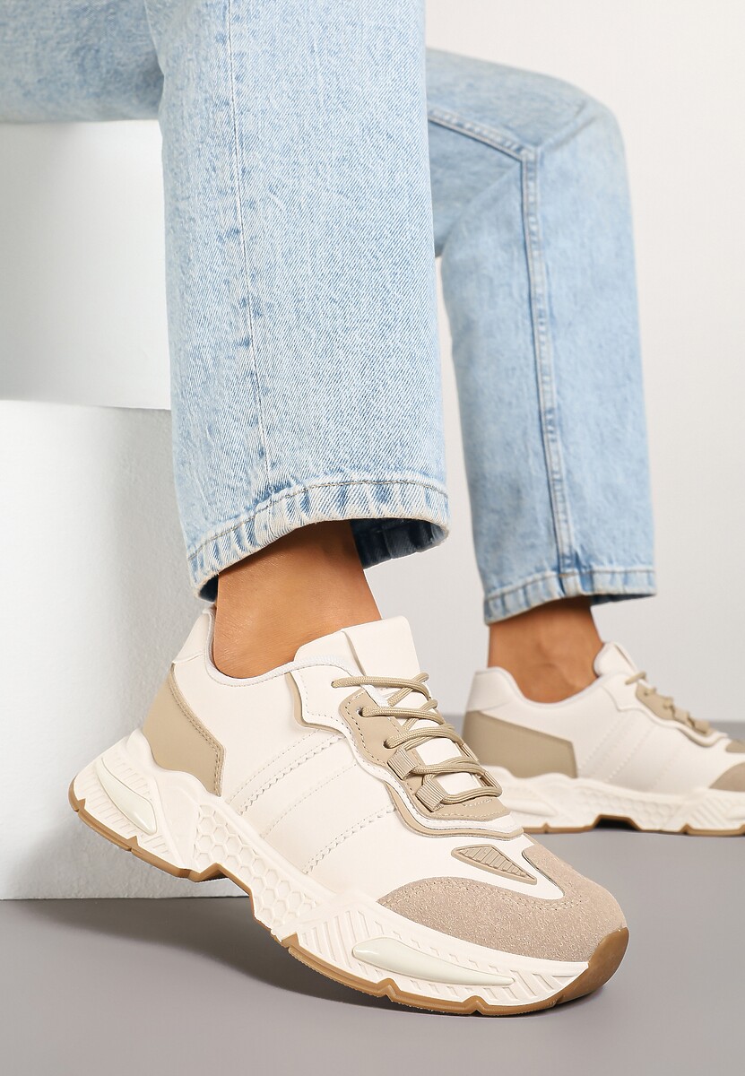 Ciemnobeżowe Sneakersy w Streetwearowym Stylu z Ozdobnymi Przeszyciami Isallena