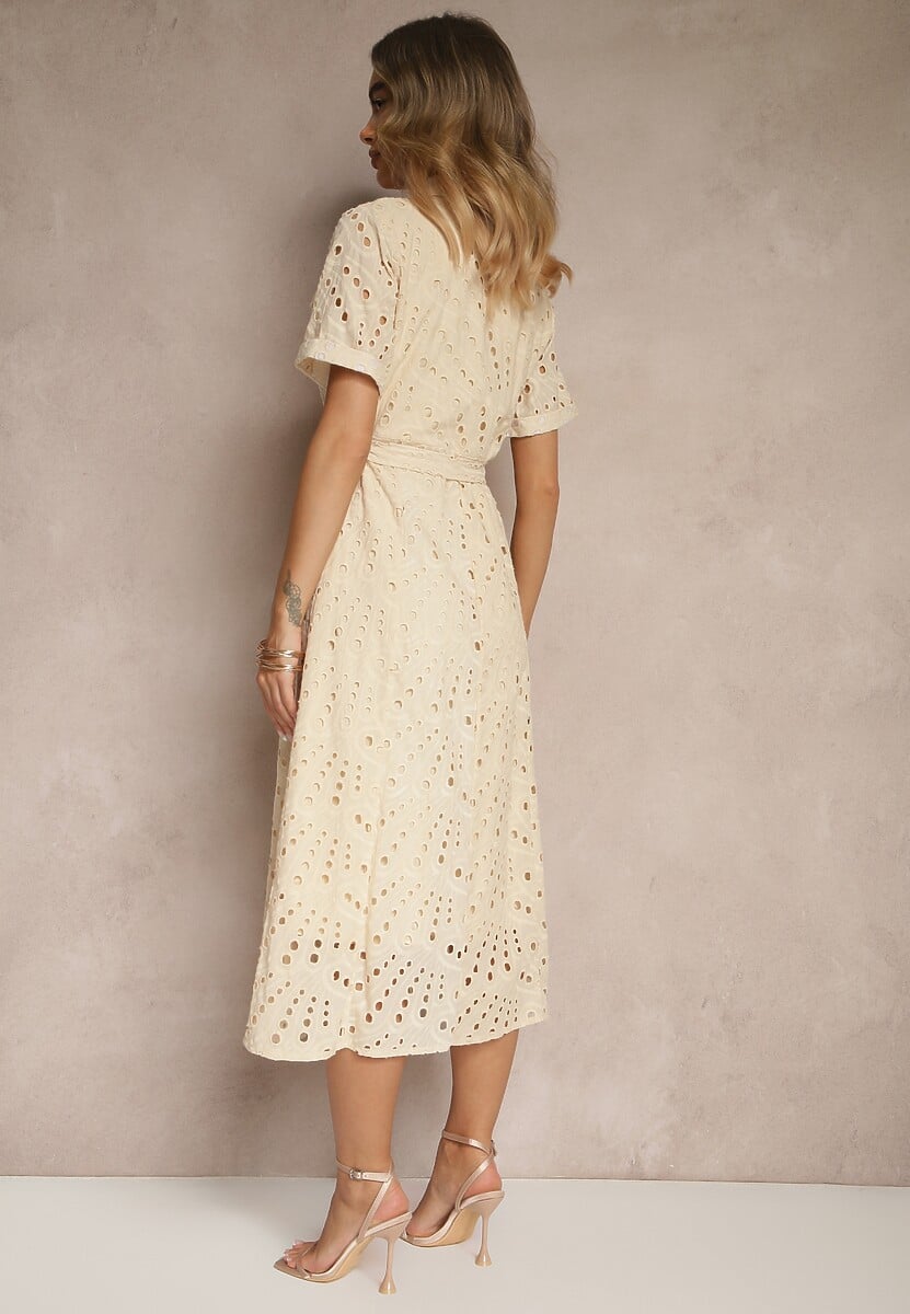 Beżowa Ażurowa Sukienka Koszulowa Ozdobiona Paskiem Rinailia