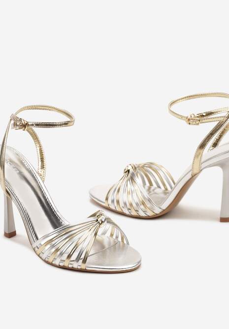 Srebrno-Złote Sandały na Szpilce z Cienkimi Paseczkami z Supełkiem Wloedia