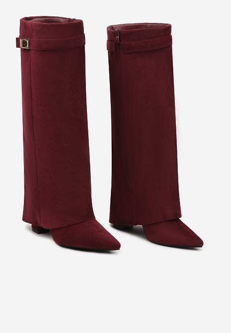 Bordowe Kozaki na Słupku z Wywiniętą Cholewką i Klamerką Upaxa