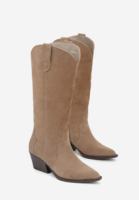 Ciemnobeżowe Kozaki Typu Kowbojki na Stożku z Naturalnego Zamszu Adeora