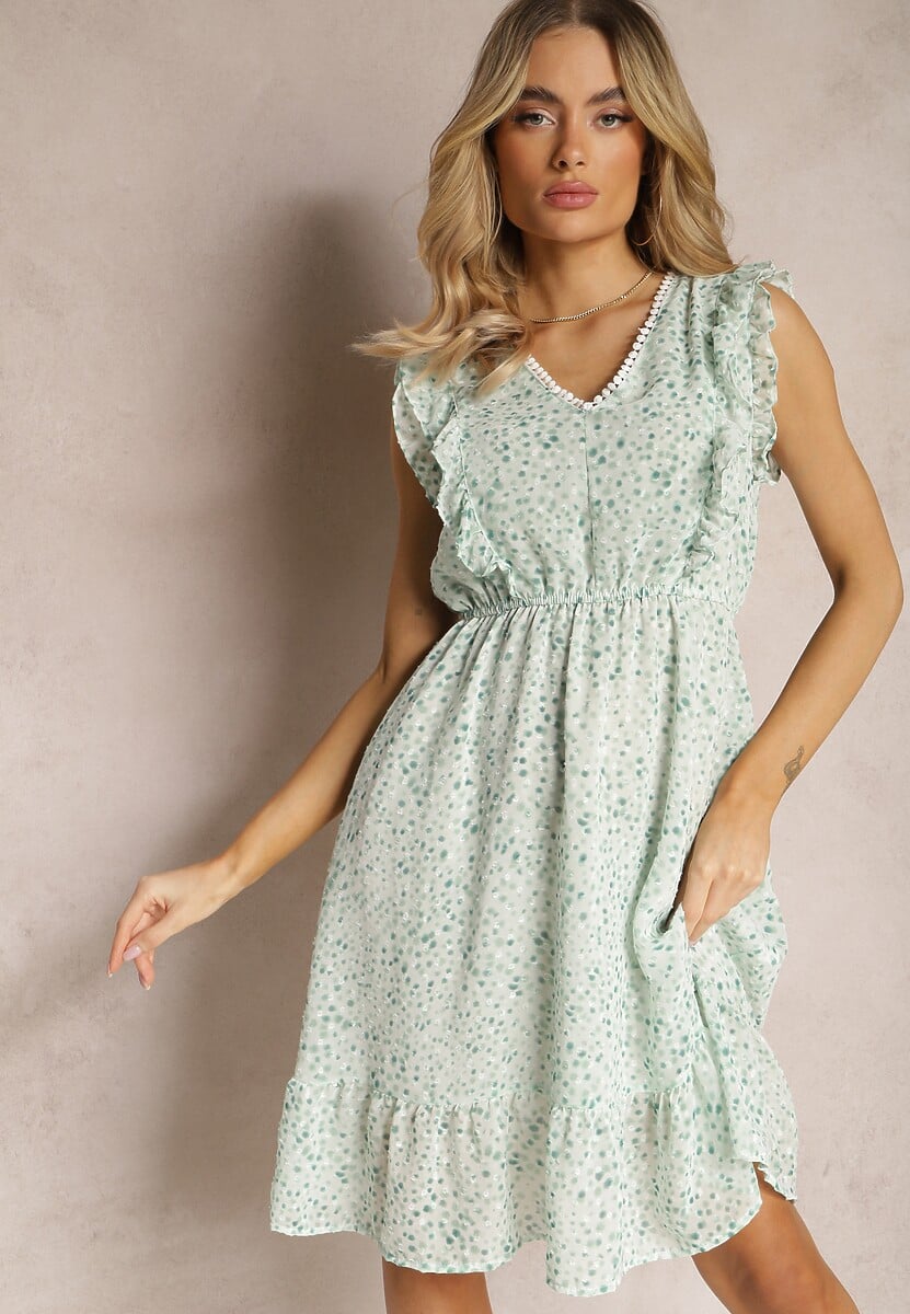 Różowa Rozkloszowana Sukienka z Gumką w Pasie i Falbankami Ulaia