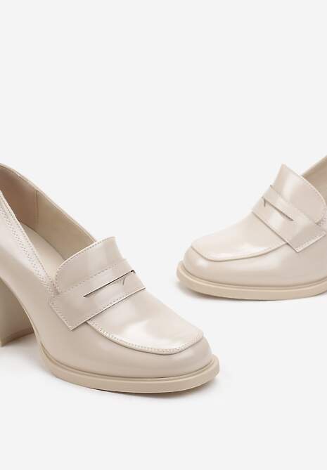 Beżowe Półbuty na Słupku z Kwadratowym Noskiem Hunosa