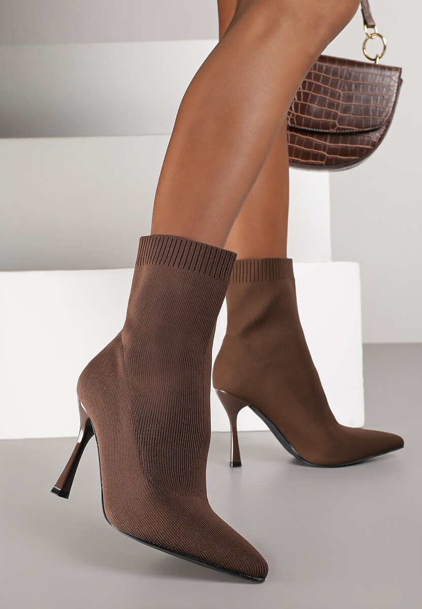 Brązowe Botki na Szpilce Vices z Elastyczną Cholewką Nallafia