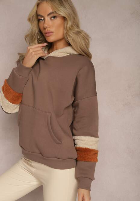 Brązowa Bawełniana Bluza z Kapturem i Wstawkami z Polaru Qilin