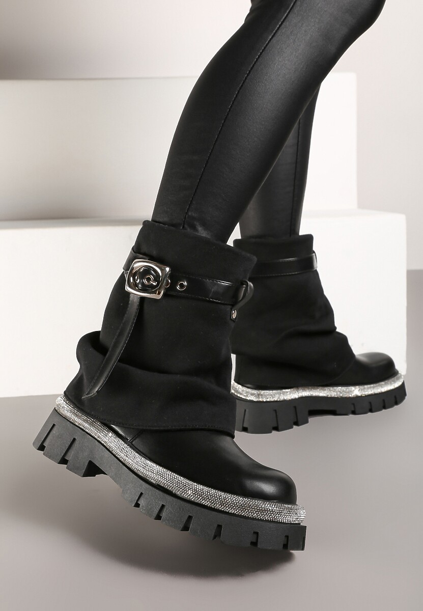 Czarne Botki z Cholewką Imitującą Nogawkę Zdobione Cyrkoniami i Paskiem z Klamrą Toriyana