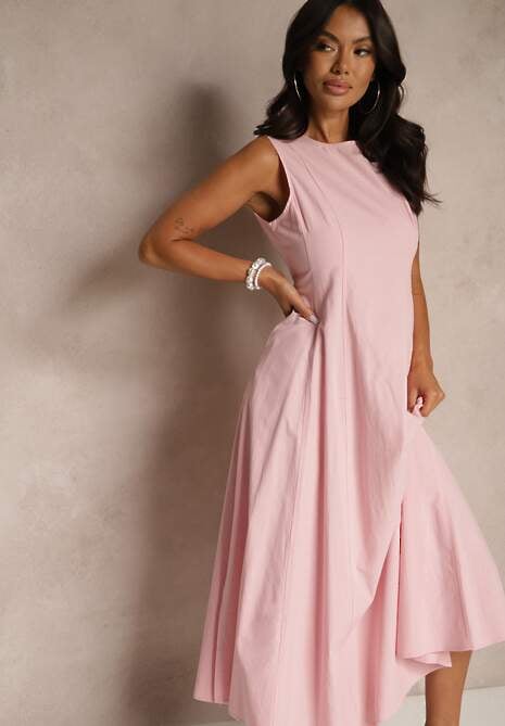 Różowa Sukienka Rozkloszowana z Wiskozą Bawełną i Rozcięciem na Nogę Saravisse