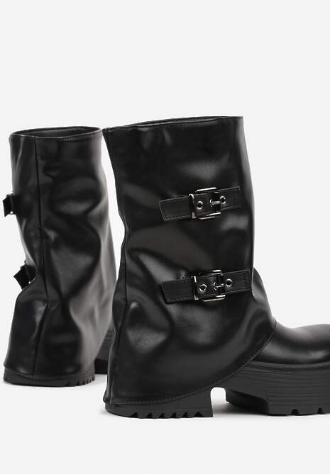 Czarne Botki Biker Vices z Wywiniętą Cholewką Platformą i Klamrami Reinila