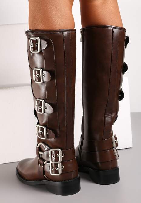 Brązowe Kozaki Biker z Ozdobnymi Klamerkami i Kwadratowym Noskiem Vivao