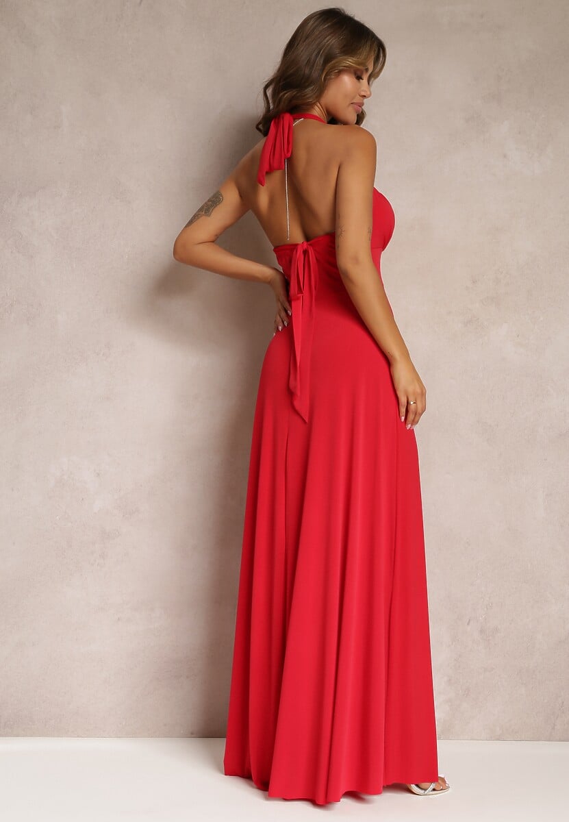 Czerwona Długa Sukienka z Marszczonym Dekoltem i Wiązanymi Ramiączkami Rozvita