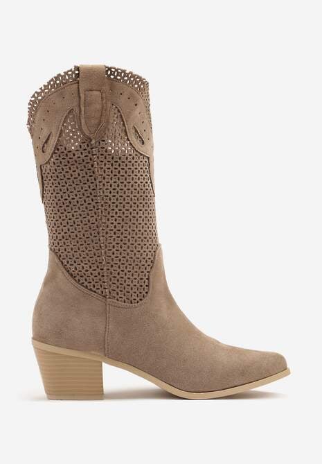 Ciemnobeżowe Botki Kowbojki na Słupku z Ażurową Cholewką Felmira