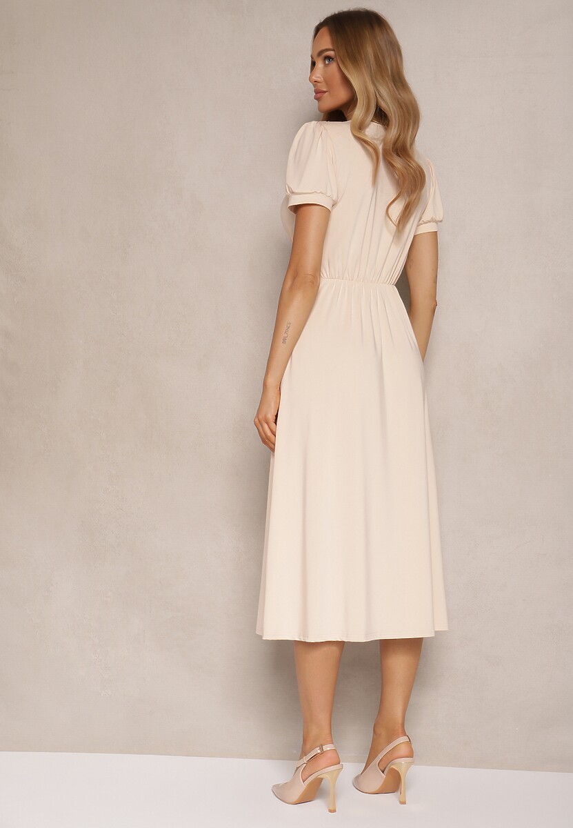 Jasnobeżowa Rozkloszowana Sukienka z Wiskozą Koktajlowa z Poduszkami w Ramionach Mimiza