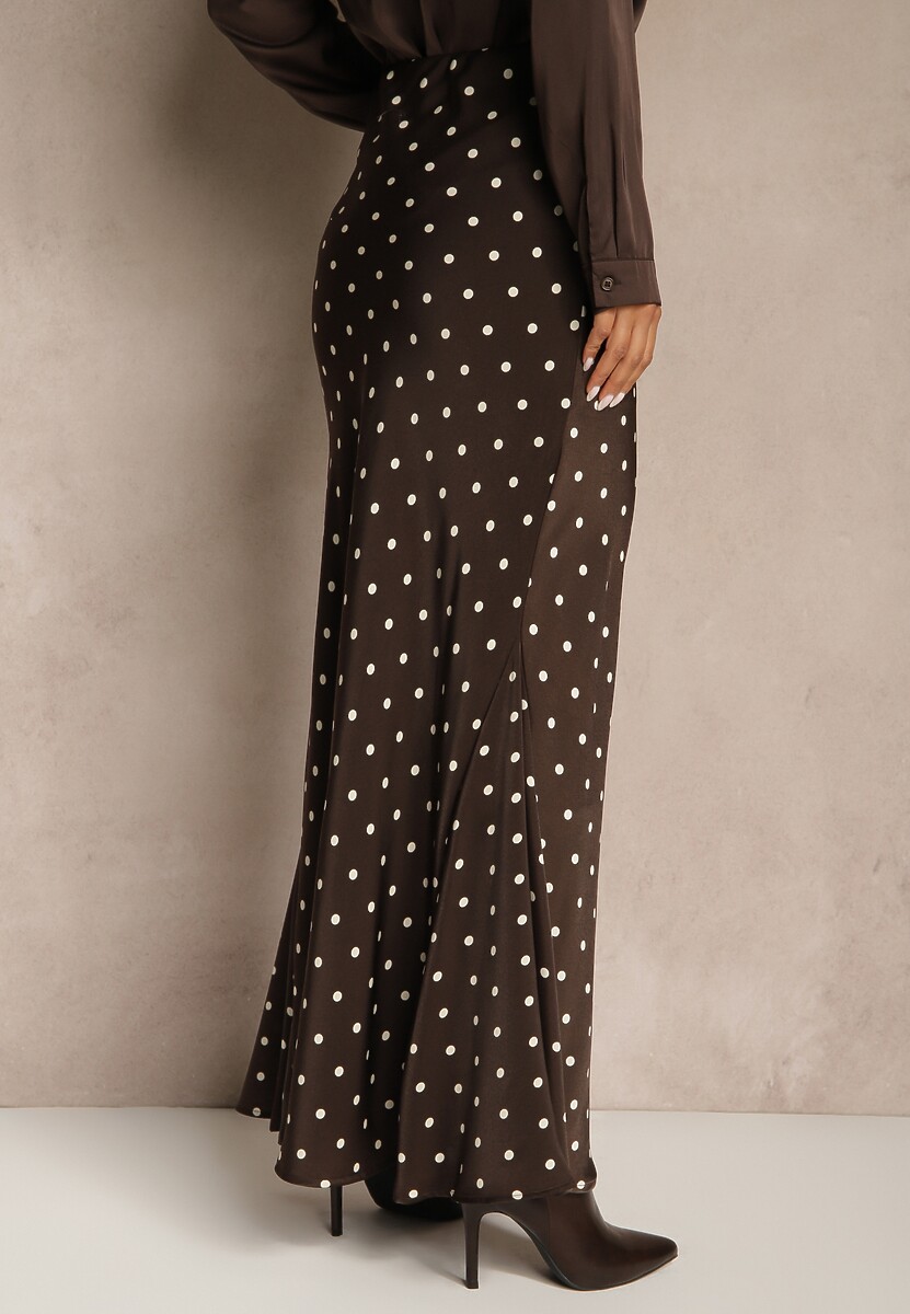 Brązowa Spódnica High Waist w Kropki o Trapezowym Kroju Ravea