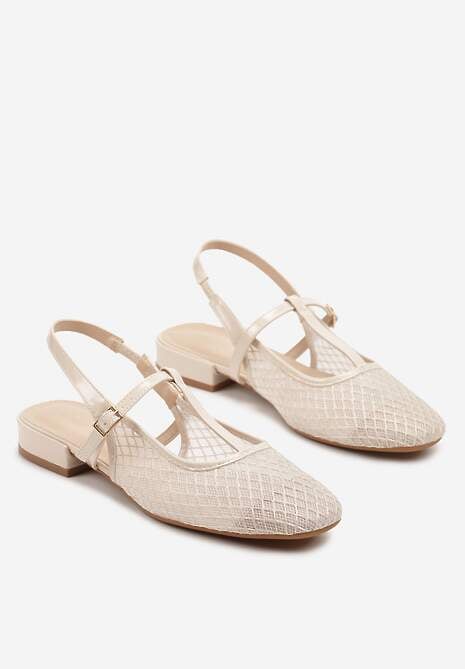 Beżowe Sandały Vices Lakierowane Slingback z Siateczkową Cholewką Mairelite