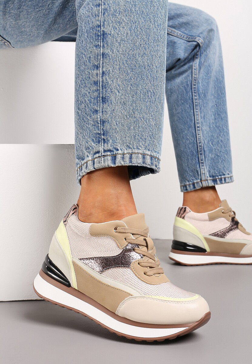 Beżowe Sneakersy na Ukrytym Niewysokim Koturnie z Brokatem Fioralan