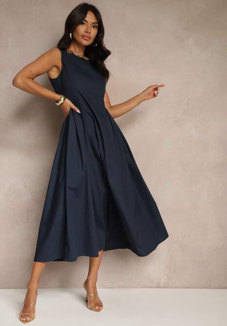 Niebieska Rozkloszowana Sukienka Koktajlowa z Bawełny z Dekoltem Łódką i Kieszeniami Fanilra