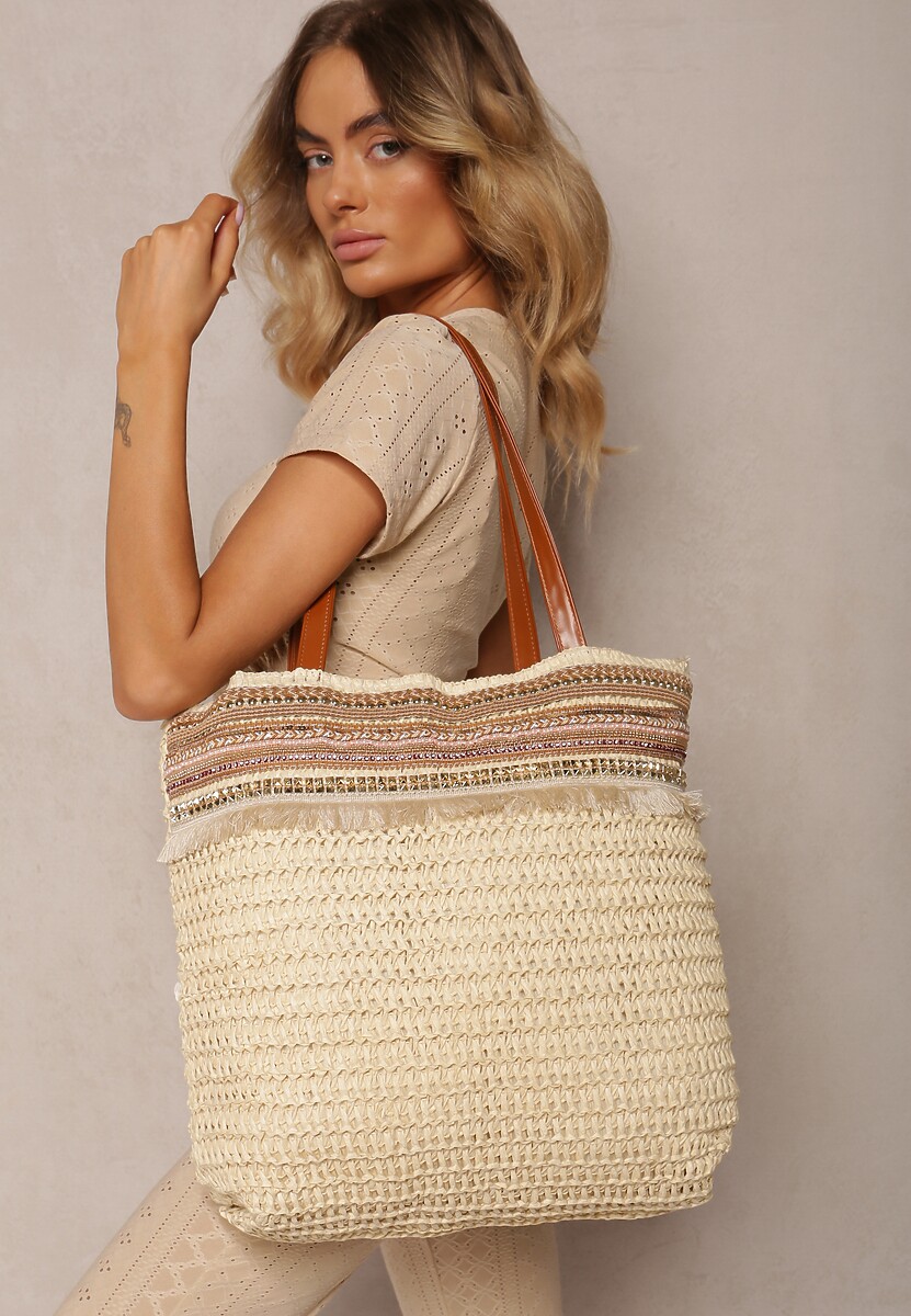 Beżowa Pleciona Duża Torebka Ozdobiona Frędzlami Rivarasia