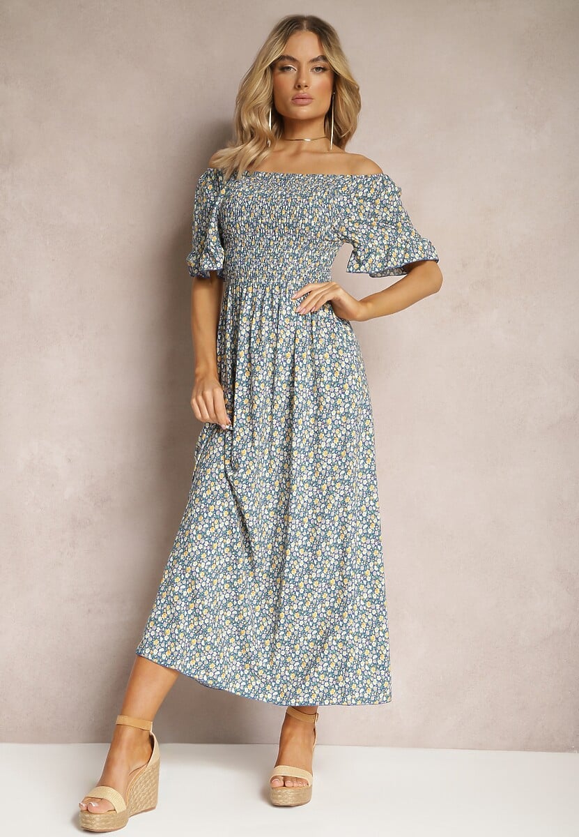 Niebieska Sukienka Hiszpanka z Elastycznym Dekoltem i Rozkloszowanym Dołem z Bawełny Coralinma