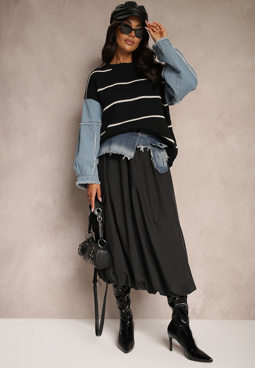 Szara Spódnica o Kroju Bombki z Jeansową Talią i Kieszeniami Ansarise