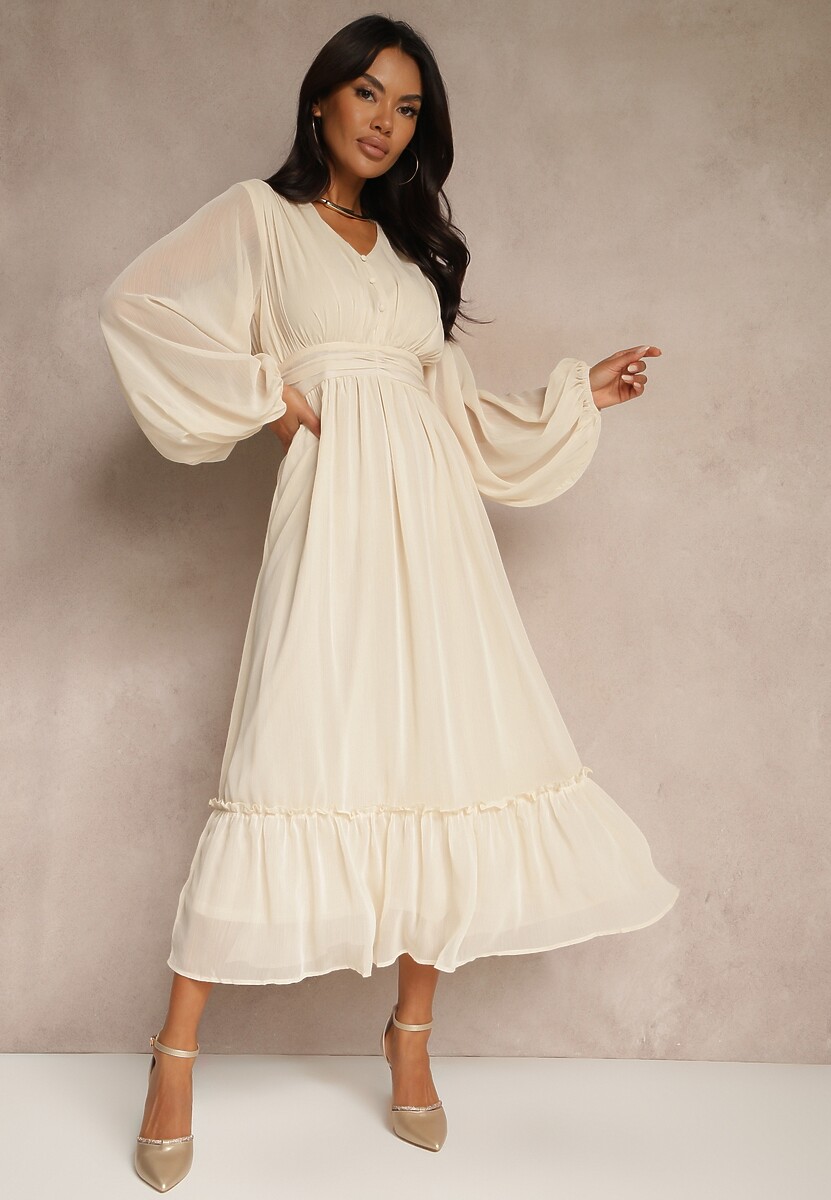 Beżowa Plisowana Sukienka Koktajlowa Ozdobiona Guzikami i Falbankami Osumia