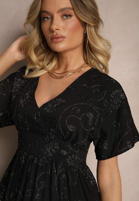 Czarna Sukienka z Wiskozy Ozdobiona Haftem i Metaliczną Nicią Ivelvesa
