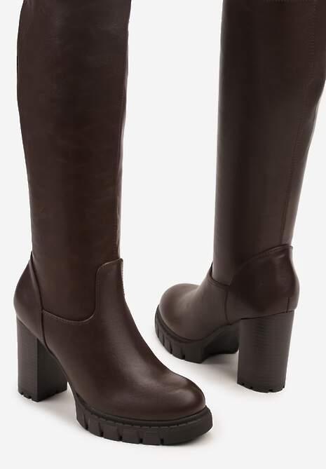 Brązowe Kozaki na Słupku i Platformie z Dopasowaną Cholewką Latallea