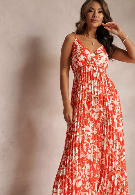 Pomarańczowa Kwiecista Sukienka Maxi z Plisowanym Dołem i Gumką w Talii Xinne