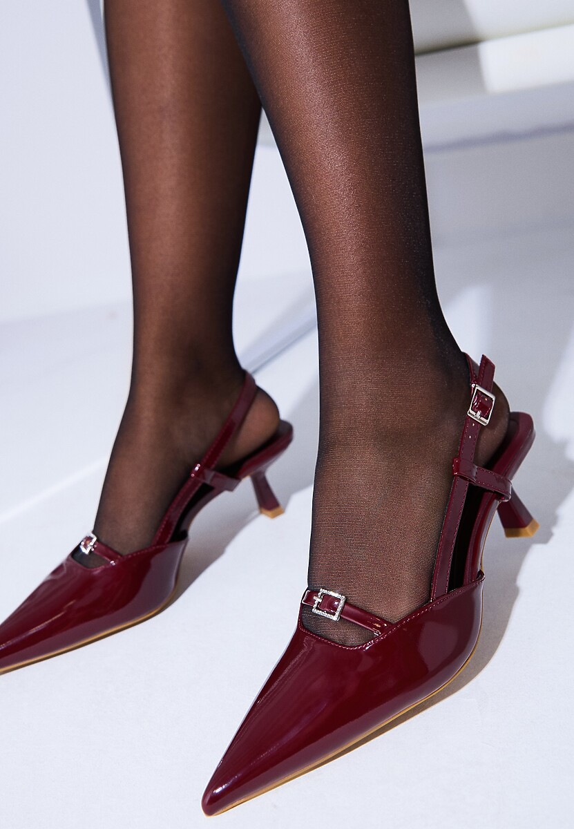 Bordowe Czółenka na Szpilce Typu Kaczuszka Peep Toe Ozdobione Klamrami Evalssia